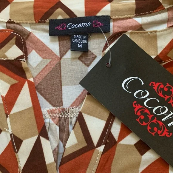 COCOMO Medium Brown Orange White 3/4 sleeve women's Pintuck Blouse top shirt - Picture 11 of 16